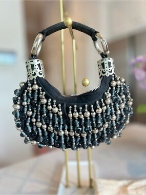Chloe Vintage early 2,000’Beaded Black Crescent Shoulder Bag with Silver Accents